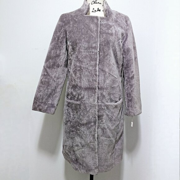 New Wool Blend Coat Jacket Taupe Grey Beige Faux Merino Sheepskin Shearling - Picture 1 of 5